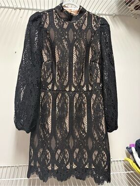 Black Lace Long-Sleeve Mock Neck Dress small 6